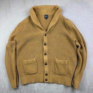 Gap Men Sweater XL Beige Tan Shawl Neck Cardigan Long Sleeve Knit Cotton Pockets